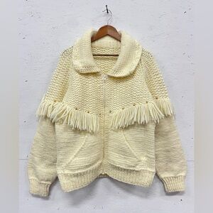 Vintage Western Handmade Knitted and Fringed Zip Cardigan, M/L, Brass Accents